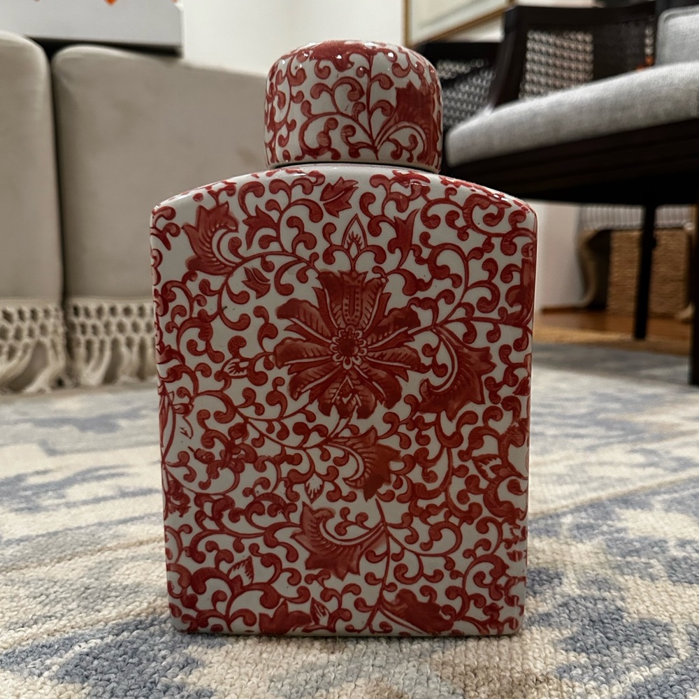 Home Goods Orange & White Chinoiserie Vase with Lid